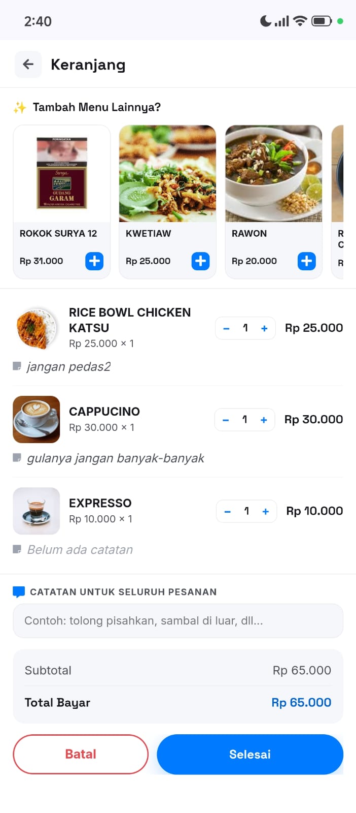 Tampilan keranjang Self Order