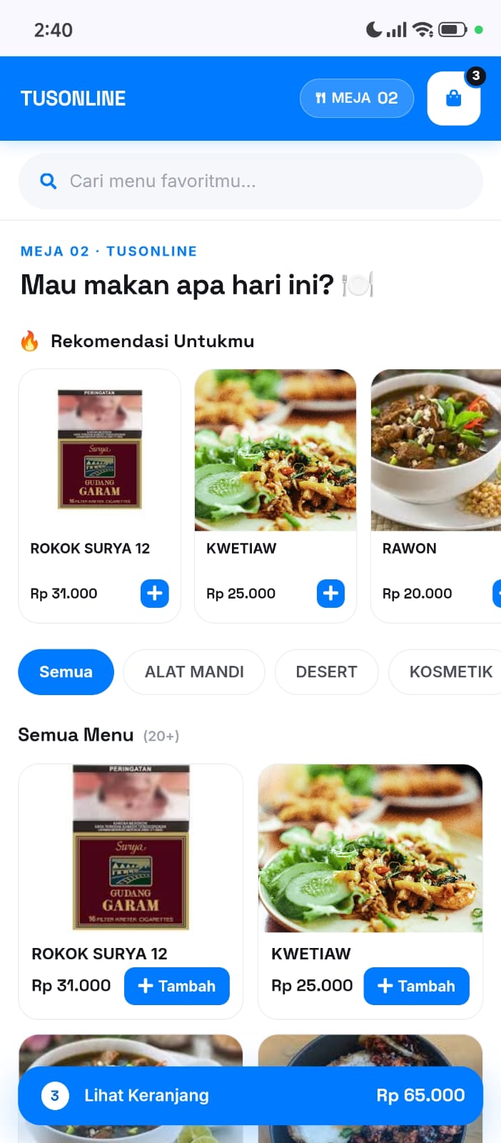 Tampilan menu Self Order